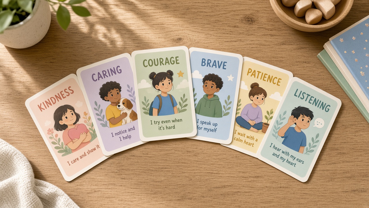 Six illustrated kids cards fanned on a wood table: Kindness, Caring, Courage, Brave, Patience, and Listening.