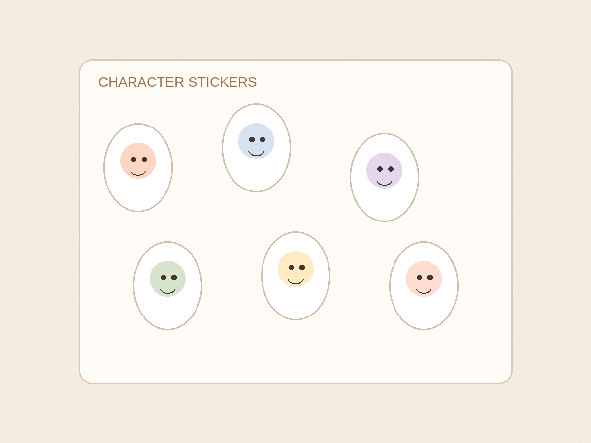 Original illustration of simple character face stickers, not photographs of people.